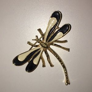 Dragonfly Brooch Gold Tone w/ Black & White Enamel